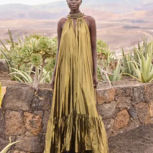 Vestido largo con cuello joya en viscosa lúrex