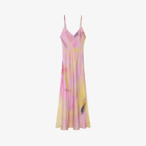 Vestido largo satinado de seda multicolor.
