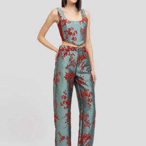 Pantalones de brocado verde azulado con bolsillos. WEILI ZHENG